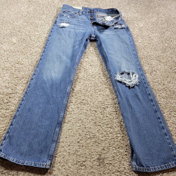 Hollister Jeans Mens 29x30 Straight Dark Wash Denim Button Fly Down Distressed - Picture 3 of 7
